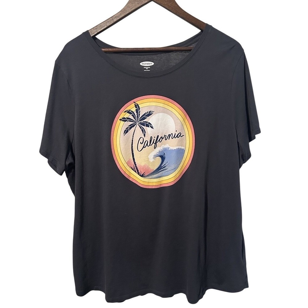 Old Navy California Women 2X Tropical Floral Beach Sunset Gray Graphic Tee Shirt